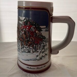 Budweiser Holiday Beer Stein Red and White 1989 Anheuser Busch AB Bud Clydesdale